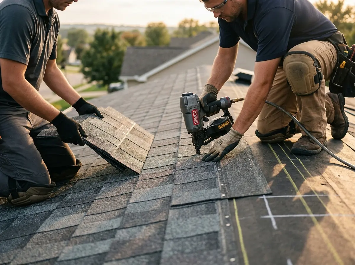 Professional roofer working on a residential roof in Lake in the Hills